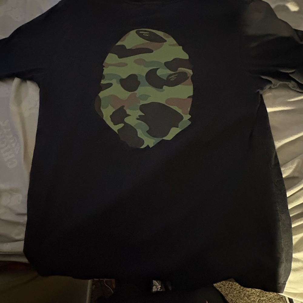 Bape Black and Green Long Sleeve Tee with Iconic Camo
